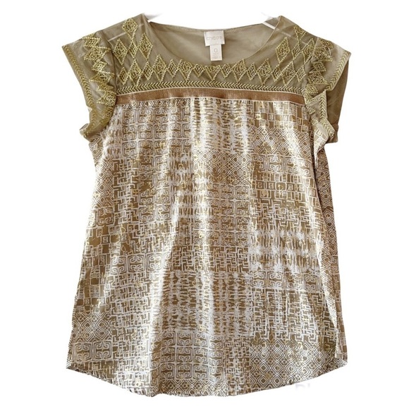Chico’s Metallic Ikat Print Cap Sleeve Top with Embroidered Mesh  Size S - Picture 1 of 14